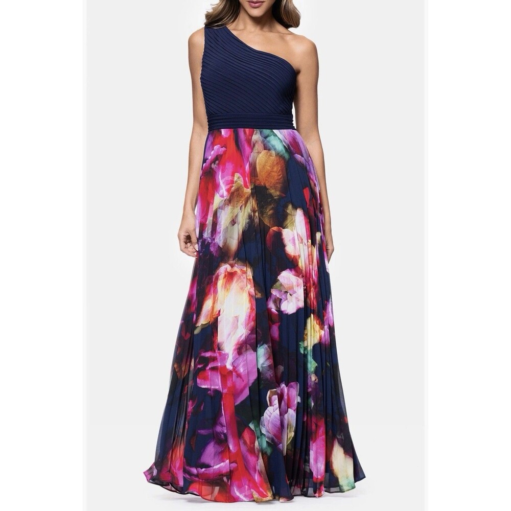 Xscape Evenings One Shoulder Floral Pleated Maxi Dress Navy Pink Size 6P $279